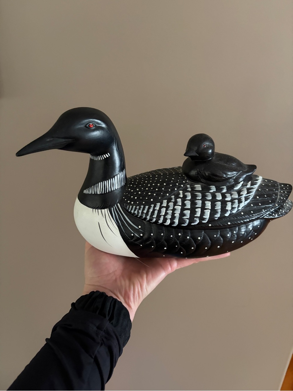Handcrafted Black & White Loon and Chick Figurine